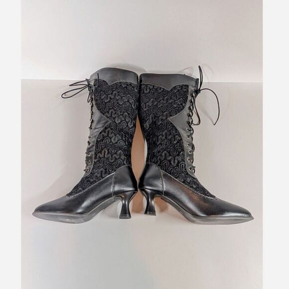 Victorian Boots Size 4 Black Lace Up Knee High Edwardian Witchy Regency Lolita - Picture 9 of 13